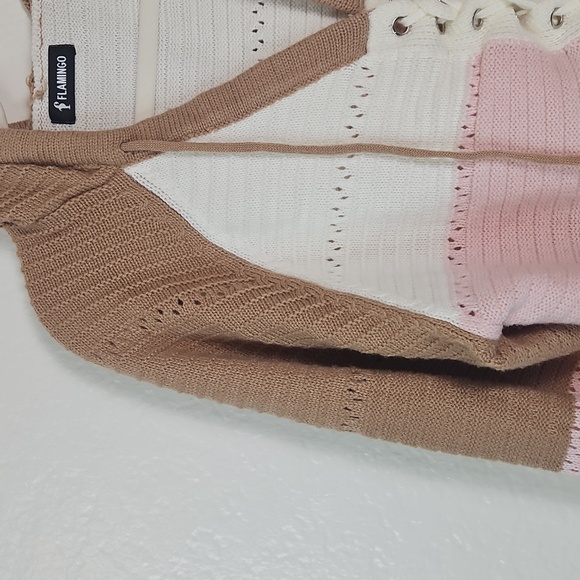 Flamingo Colorblock Knit Hoodie Sweater Women’s XL Lace-  Pink, Cream, and Tan - Picture 4 of 9
